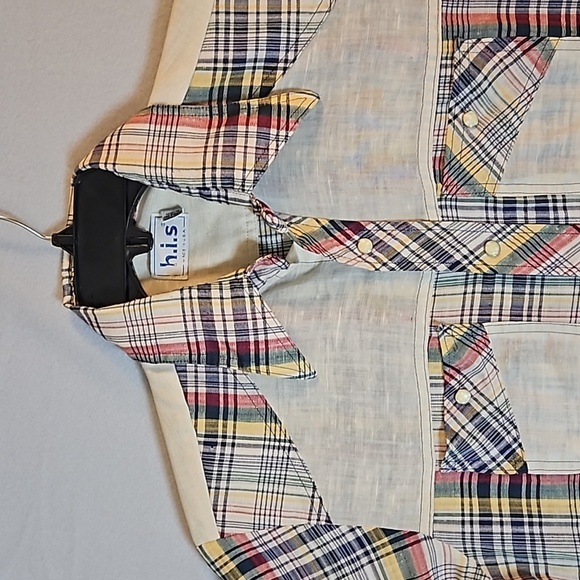 Vintage H.I.S Western Pearl Snap Shirt  sz M Plaid with  Cream accent yoke and - Picture 3 of 11